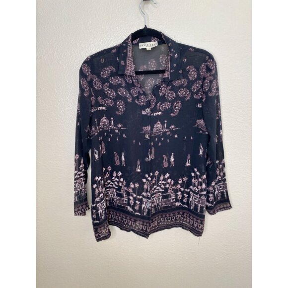 Vintage David Dart Petites Womens Black Lavender Button-Up Blouse M Rayon Collar - Picture 2 of 7